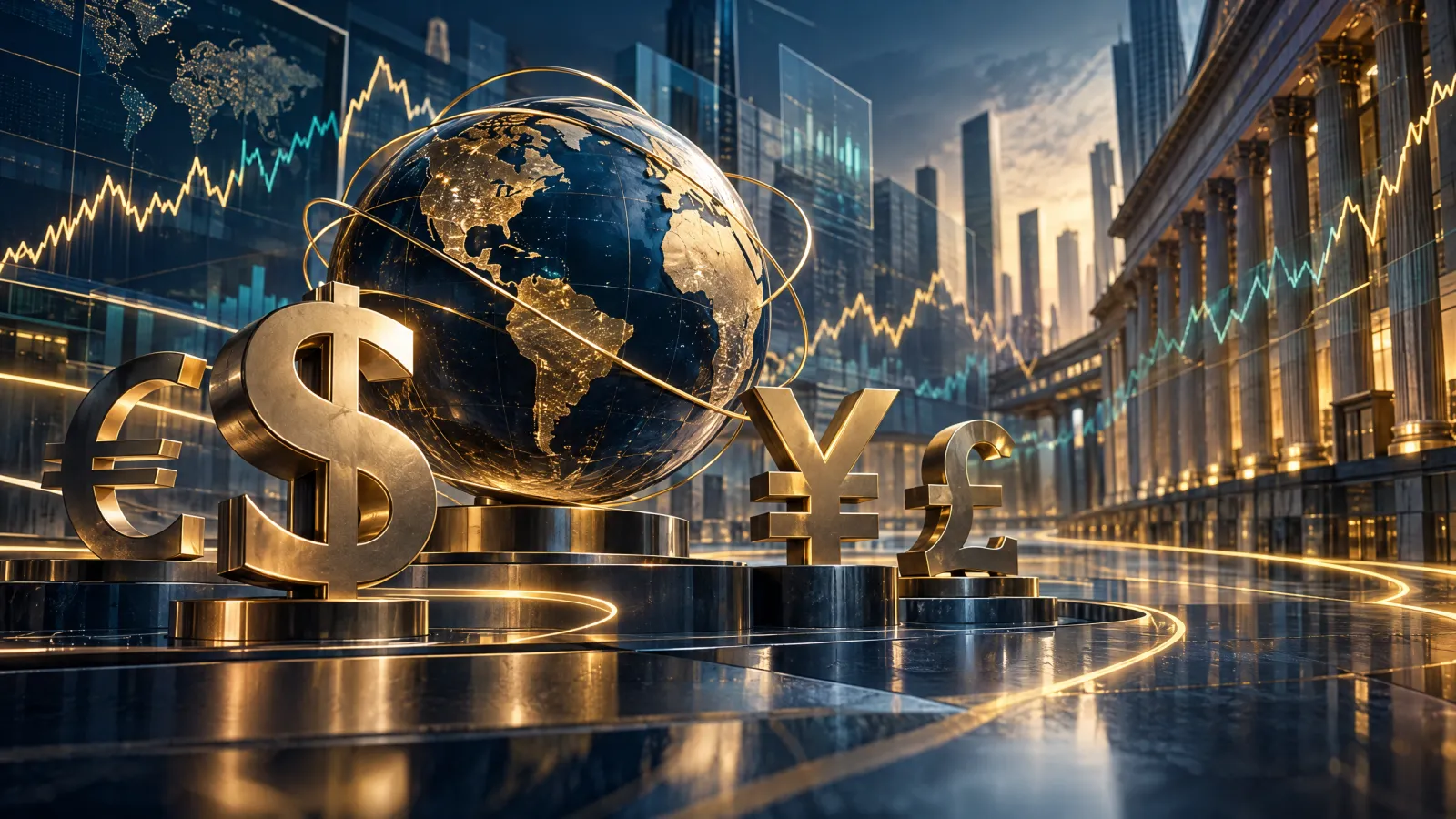 Ilustração conceitual do mercado financeiro exibindo a variação do dólar e gráficos de mercado em tons de azul-marinho e dourado.