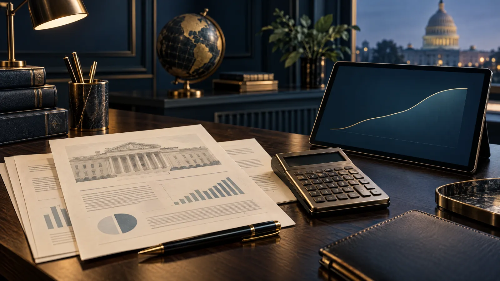 Composição editorial com documentos sobre títulos públicos, calculadora financeira e tablet exibindo gráfico de juros em ambiente sofisticado.
